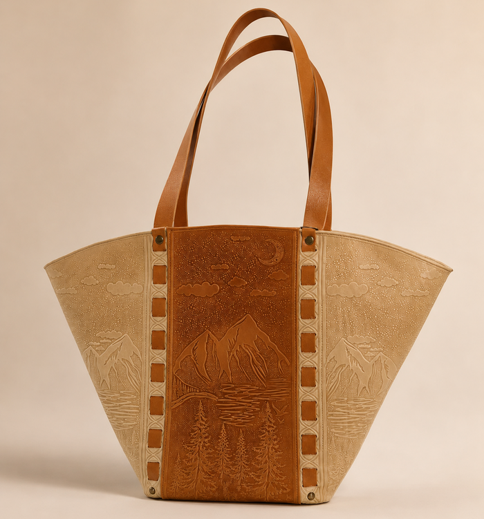 A structured tote bag made of natural leather, featuring a central tooled panel with mountain and tree designs, embossed side panels, and two tan leather shoulder straps, set against a solid beige background.