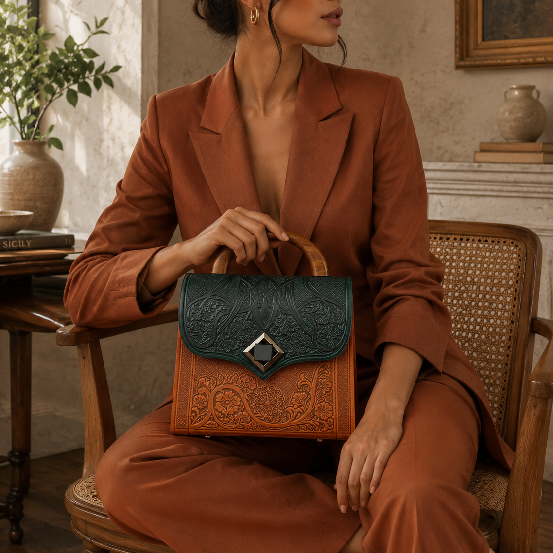 A woman in a rust-brown blazer and matching pants sits on a wooden chair holding a structured handbag. The bag has an embossed floral pattern in tan and dark teal with a diamond-shaped metal clasp.