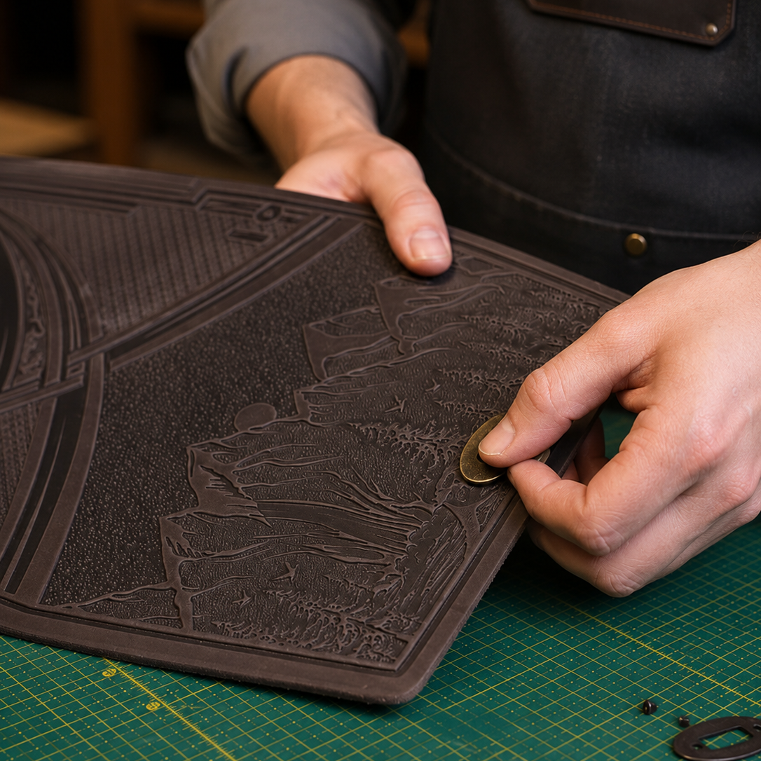 A close-up of a person's hands holding a dark brown embossed leather plaque or wall art piece over a green cutting mat, with small hardware pieces nearby.