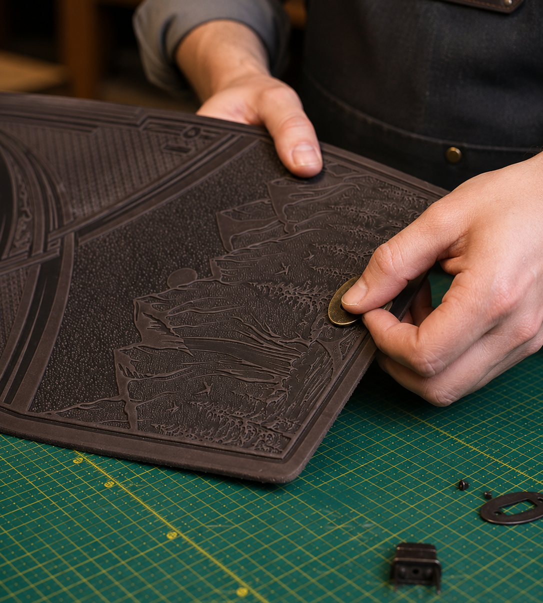 A close-up of a person's hands holding a dark brown embossed leather plaque or wall art piece over a green cutting mat, with small hardware pieces nearby.