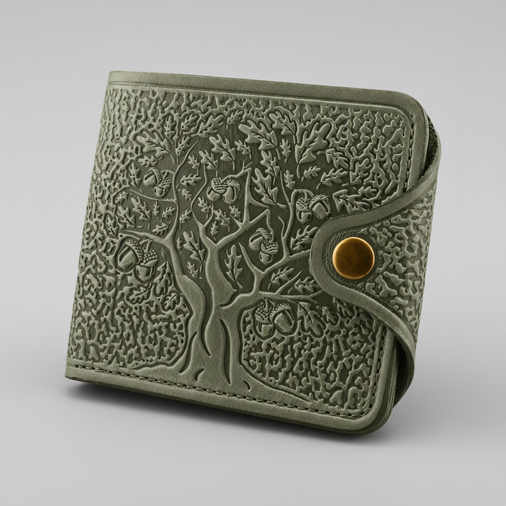 Green leather wallet with embossed tree design on a black background