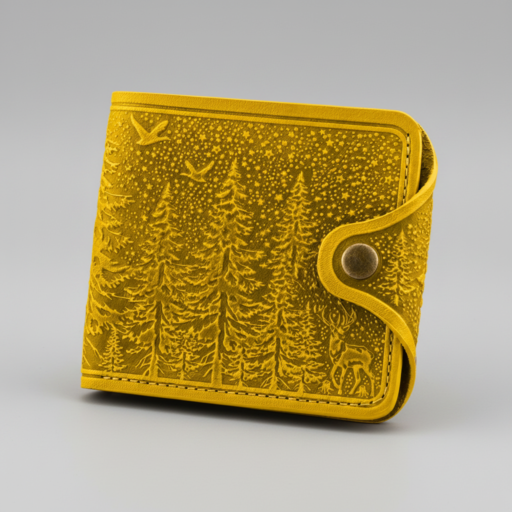 Yellow wallet with forest design on a black background