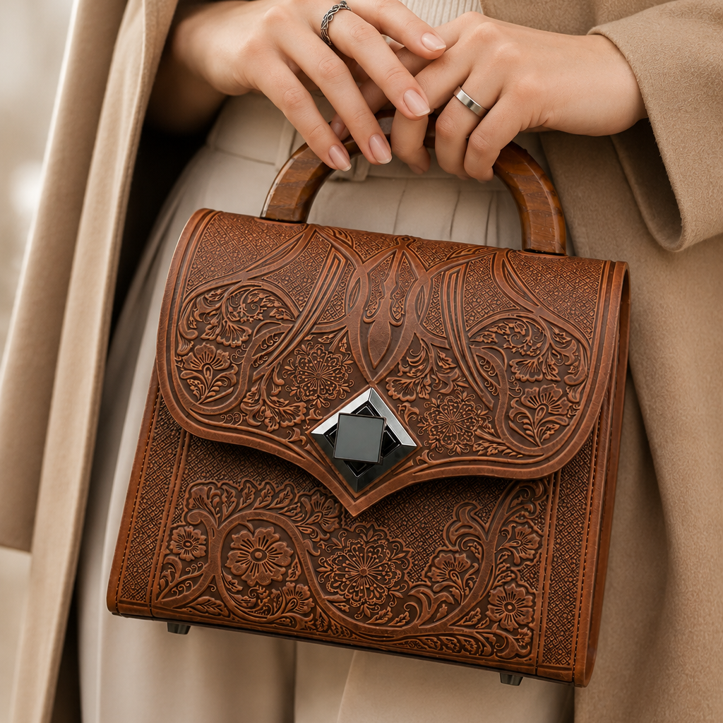 A close-up of a person holding a brown embossed leather handbag with a top handle and a dark geometric clasp, styled with a beige coat and cream pants.
